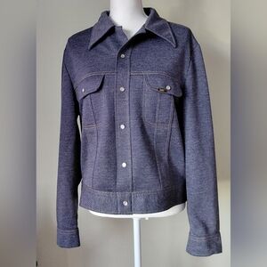 Lee 1970s Leisure Suit Jacket Faux Denim Polyester Knit Pearl Snaps Vintage GOLD